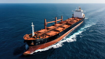 Obraz premium large freighter navigates through calm ocean waters, showcasing its impressive size and structure against serene backdrop. ships hull contrasts beautifully with deep blue sea, creating striking