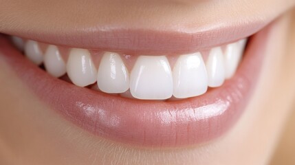Radiant Smile: Close-up of healthy, bright, and perfectly aligned teeth, showcasing a beautiful smile with natural-looking pink lips.  A picture of oral health and confidence. 