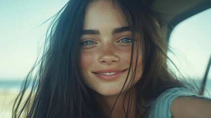 Fototapeta premium Sun-Kissed Smile: A carefree woman with windblown hair and a radiant smile, capturing the essence of joy and freedom. Her piercing blue eyes and sun-kissed skin evoke a sense of natural beauty.