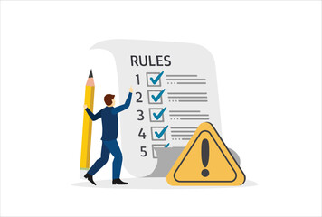 Rules and regulations, policy and guideline for employee to follow, legal term, corporate compliance or laws, standard procedure concept, businessman finish writing rules and regulations document.