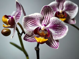 Beautiful white to purple orchid flowers photographed close up during the day with dark lighting