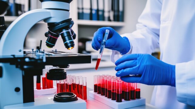 A laboratory technician analyzing blood samples in a modern lab with microscopes and test tubes visible, Analytical style, photo of