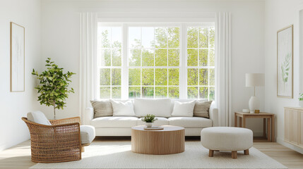 A bright and airy living room featuring comfortable sofa, round coffee table, and cozy armchair. large windows allow natural light to fill space, enhancing serene atmosphere