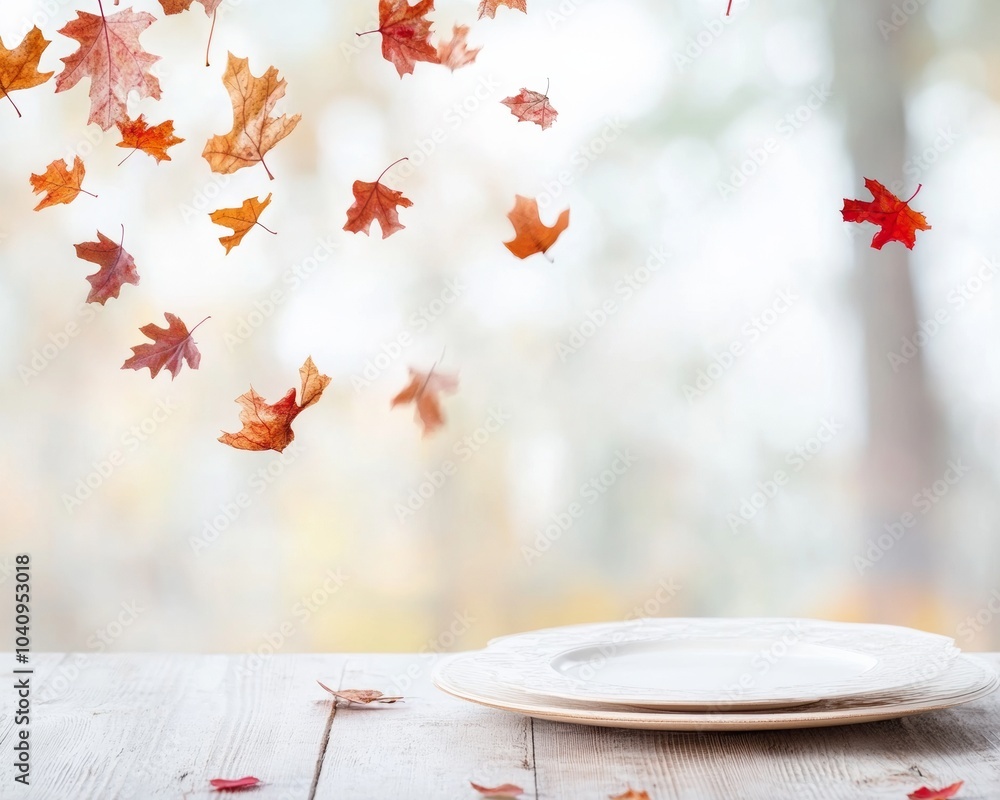 Poster Rustic Autumn Table Setting with Falling Leaves and Copy Space for Thanksgiving