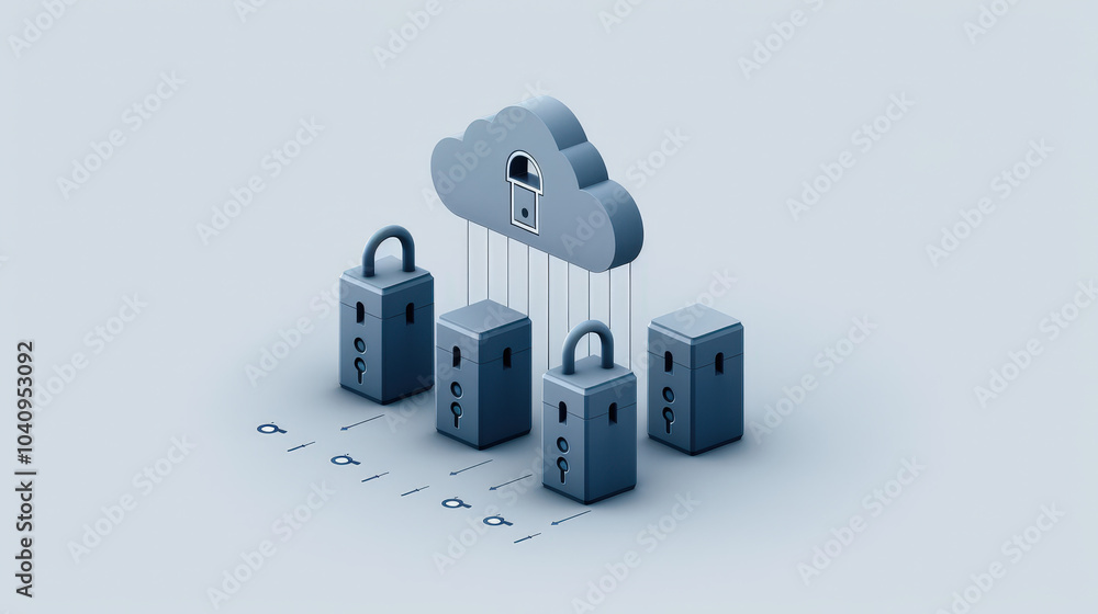 Poster cloud storage security is represented by cloud with locks, symbolizing data protection and privacy. 