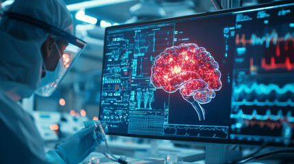 Obraz premium image depicts medical professional analyzing brain activity on high tech monitor, showcasing vibrant data visualizations. This scene highlights intersection of technology and neuroscience, emphasizin