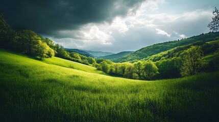 Obraz premium Breathtaking panoramic view of a lush verdant green landscape with rolling hills tall grass and vibrant foliage all under a bright blue sky filled with fluffy white clouds