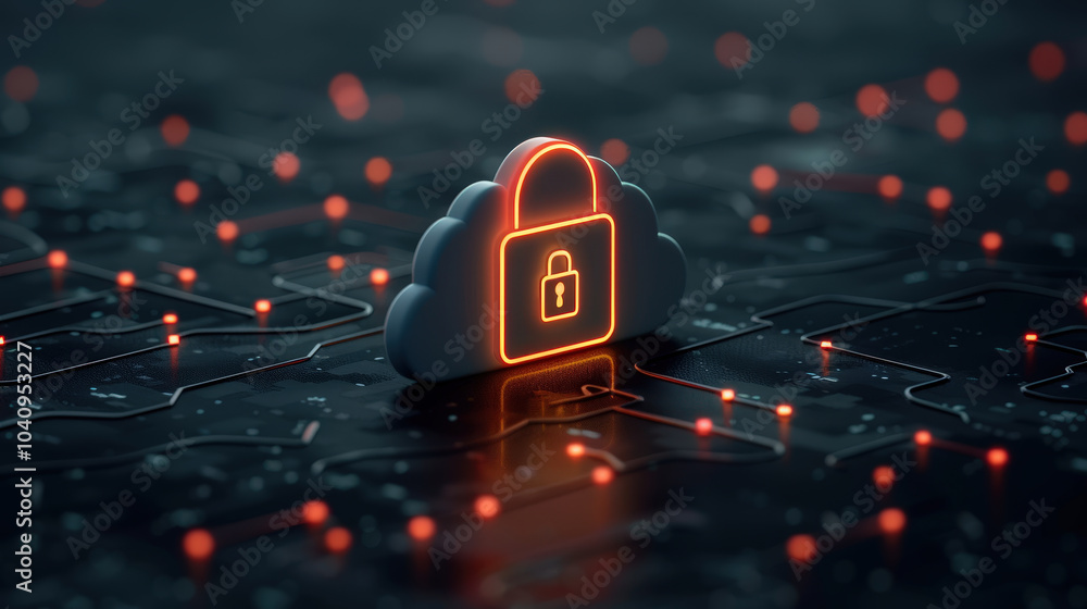 Poster cloud with padlock symbolizes cybersecurity and data protection in digital landscape. glowing elemen