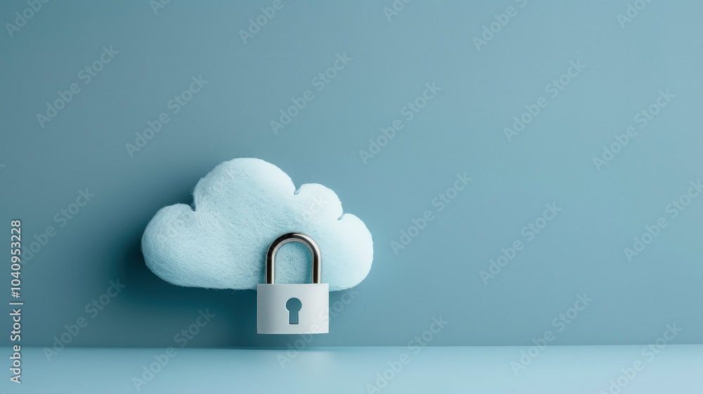 Poster cloud with padlock symbolizes digital security and data protection, representing importance of safeg