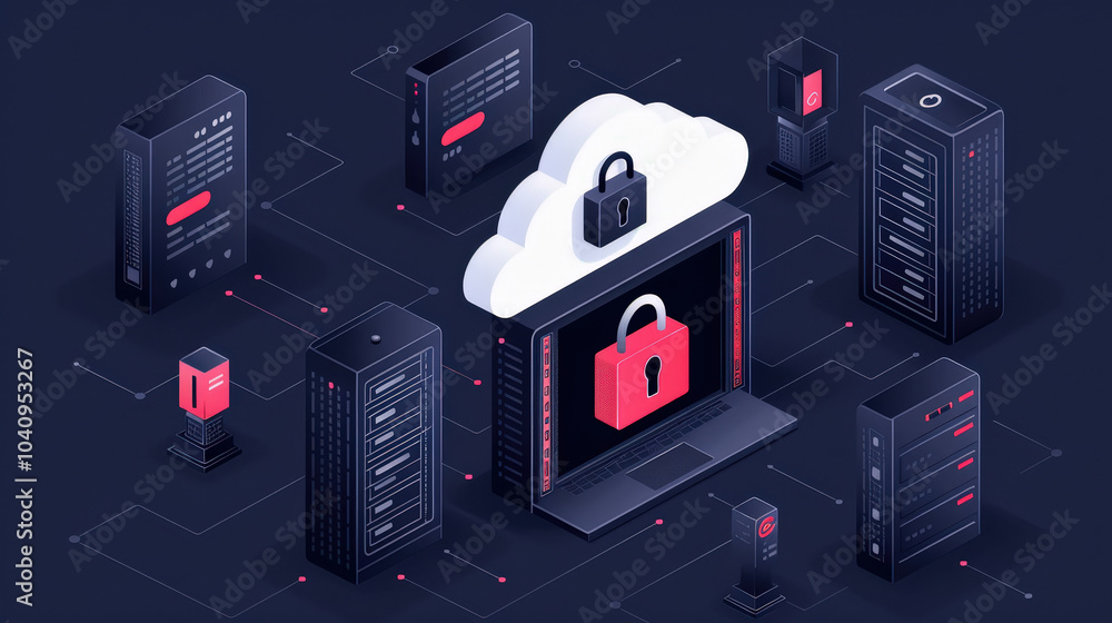 Poster cloud computing and data security are represented in this illustration, showcasing cloud with padloc