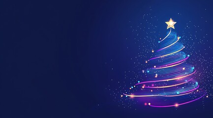 A glowing neon blue Christmas tree with colorful lights on a dark background