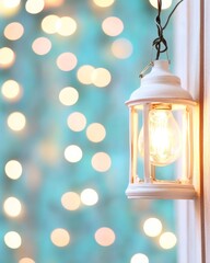 Obraz premium Festive Lantern with Glowing Lights on Turquoise Background - Holiday Seasons in Soft Focus