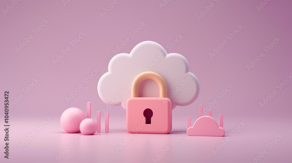 Poster playful illustration featuring cloud symbol with lock, representing security and data protection. so