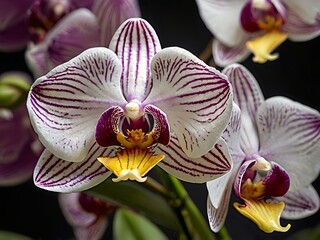 Beautiful white to purple orchid flowers photographed close up during the day with dark lighting