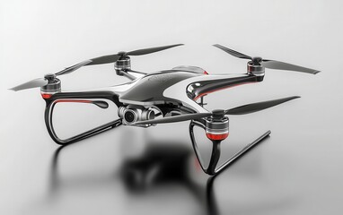 A detailed illustration of a drone quadcopter equipped with a digital camera, showcasing its sleek design and advanced technology