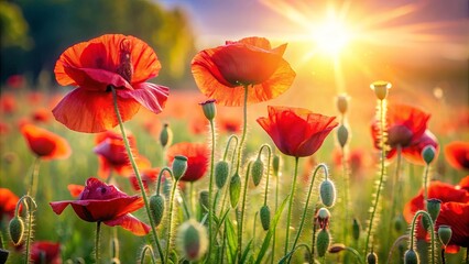 Fototapeta premium A Field of Vibrant Red Poppies Glowing in the Warm Light of the Setting Sun