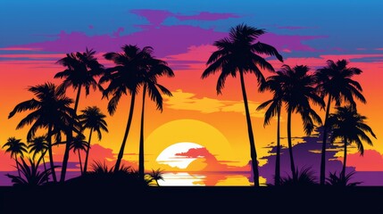 Colorful vector art illustration of palm tree silhouettes at sunset, showcasing a stunning blue, purple, and orange sky. 