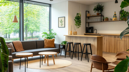 A modern and inviting interior featuring cozy living area with gray sofa, wooden coffee tables, and stylish bar stools. space is adorned with greenery and natural light, creating serene atmosphere