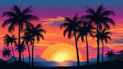 Colorful vector art illustration of palm tree silhouettes at sunset, showcasing a stunning blue, purple, and orange sky. 