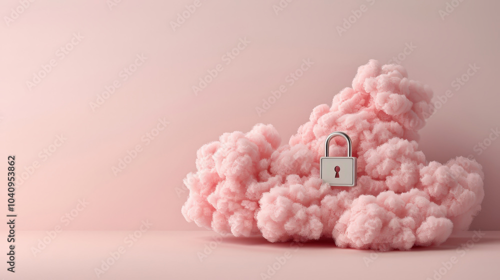 Poster secure cloud storage concept featuring padlock on pink fluffy cloud, symbolizing data protection and