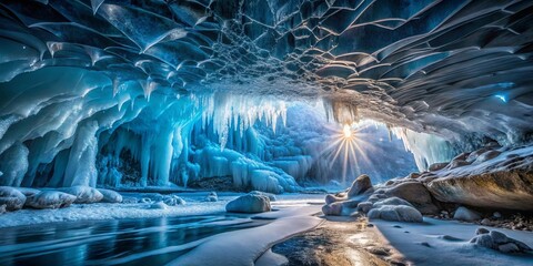 Sunlight Illuminates an Enchanting Icicle Cave with Its Radiance, Casting a Serene Glow upon the Frosted Landscape