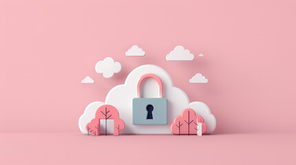 colorful illustration of cloud security featuring padlock surrounded by stylized trees and clouds. This design emphasizes importance of digital protection in vibrant and engaging way
