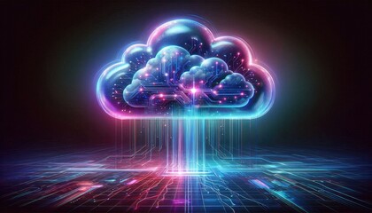 Hyper-Realistic Digital Cloud Computing Artwork: Futuristic Neon Concept with Glowing Internal Circuits, Vibrant Data Streams, and Complex Connections in a Dark, High-Tech Setting