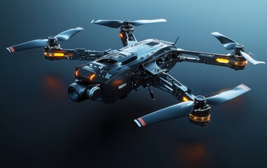 A realistic depiction of a drone quadcopter with a digital camera attached, showcasing its features and design elements