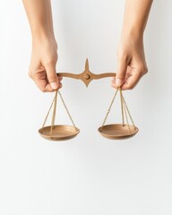 Hands holding balance scale, white isolate background