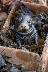 Adorable Sea Lion Pup Cuddles Up in Cardboard Box