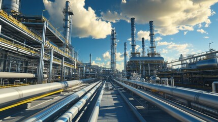 A vast industrial complex featuring numerous pipes and tall structures under a bright blue sky with clouds.