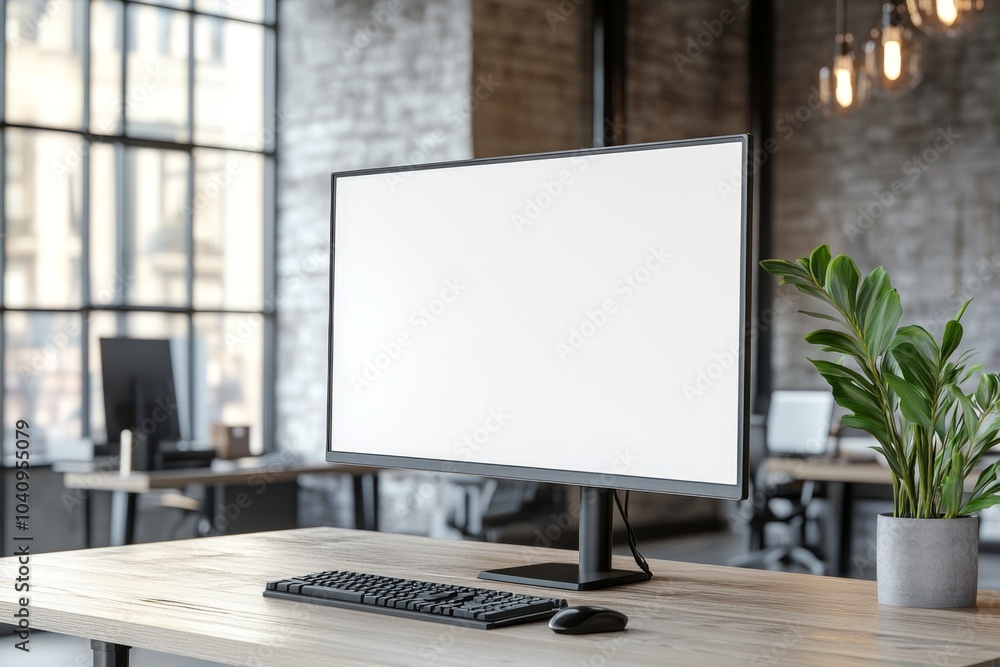 Poster a modern computer monitor with a blank screen sits on a wooden desk in a modern office setting.