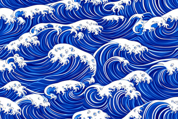 Fototapeta premium The image is a blue and white wave pattern that is reminiscent of the ocean. The waves are large and powerful, creating a sense of movement and energy