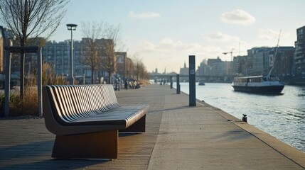 Fototapeta premium Empty Bench on a Waterfront Promenade with City Buildings and a Boat in the Distance