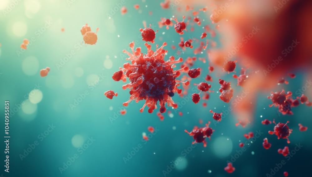 Poster a close-up image of a red virus particle against a blue and green background. there are other virus 