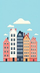 Fototapeta premium Colorful illustrated buildings against a blue sky with clouds, providing a cheerful urban vibe.