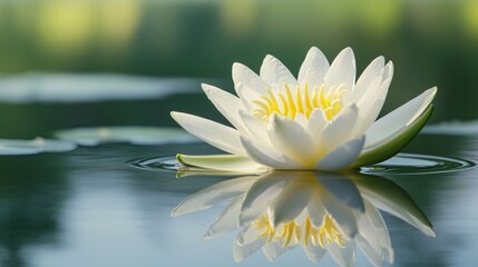 2410 21.A white water lily resting on a still lake, its reflection perfectly mirrored in the water below. The surrounding lake is calm and clear, with a light breeze creating faint ripples around the