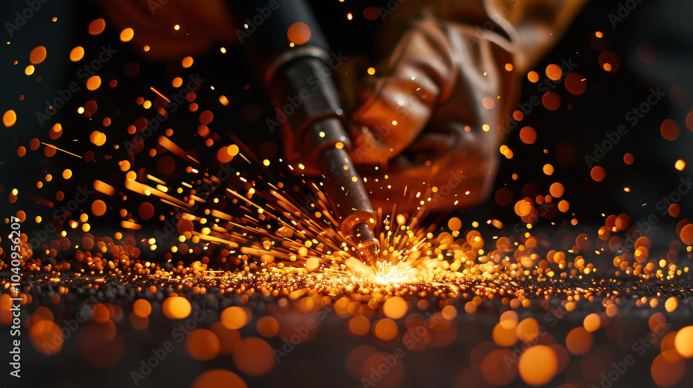 Poster sparks fly as welder works without gloves, creating mesmerizing display of light and energy. intense