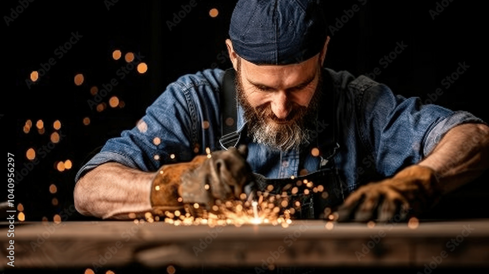 Poster craftsman working on project, creating sparks while using tools. scene captures intensity and focus 