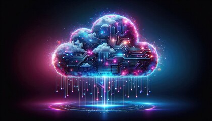 Hyper-Realistic Digital Cloud Computing Artwork: Futuristic Neon Concept with Glowing Internal Circuits, Vibrant Data Streams, and Complex Connections in a Dark, High-Tech Setting