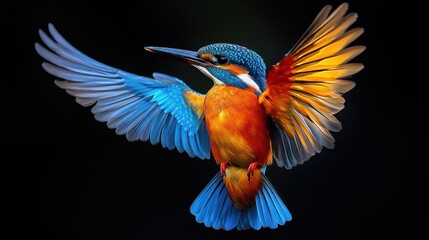 Obraz premium A colorful kingfisher in mid-flight against a dark background.