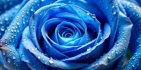 A vibrant blue rose, its velvety petals adorned with glistening droplets of morning dew, radiating beauty and serenity.