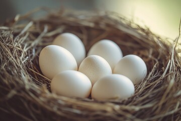 A close-up of a bird's nest with six white eggs inside, set against a blurry background.
