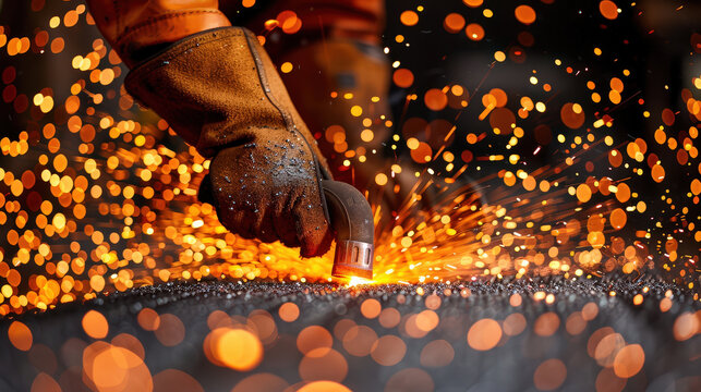 skilled industrial welder is working on steel beam, creating dazzling display of sparks and light. intense focus and craftsmanship are evident in this dynamic scene
