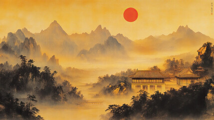 Obraz premium Sunrise in the mountains, distant palace