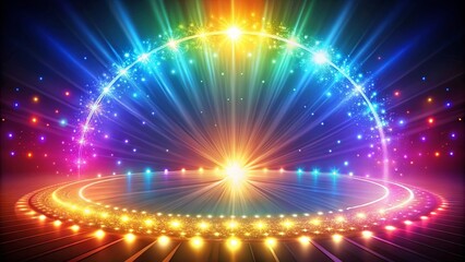 Fototapeta premium A Circular Stage Illuminated by Shimmering Light Rays, Surrounded by a Sparkling Arc of Color, Creating a Mesmerizing Illusion of Celebration and Joy.