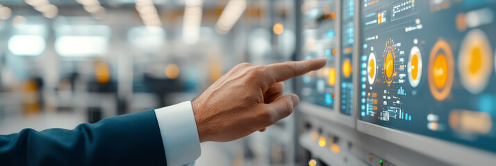 A person interacts with high tech control panel, showcasing advanced technology and data visualization. environment is modern and professional, reflecting innovation and precision