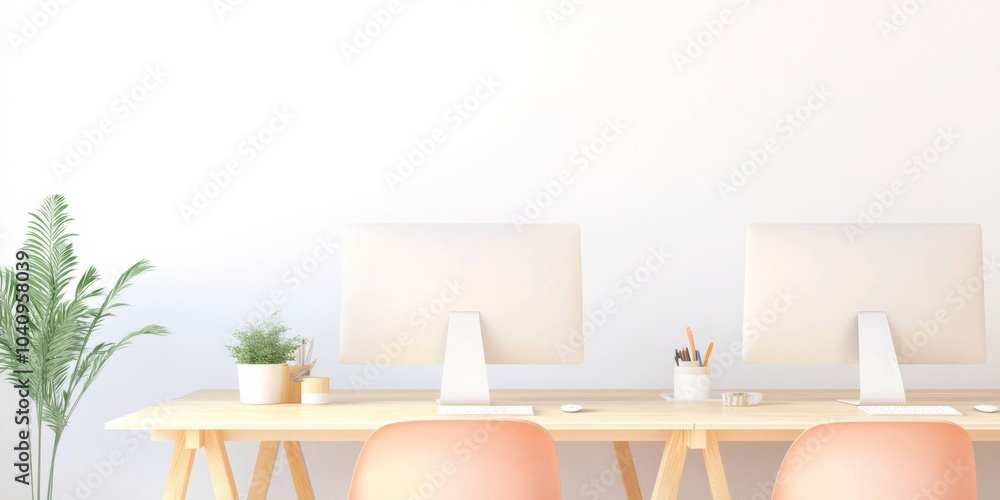 Poster minimalist modern office interior with dual desks and computers in bright, clean environment