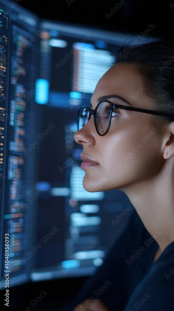 Poster latina female graphic designer analyzing data on multiple monitors in evening creative studio