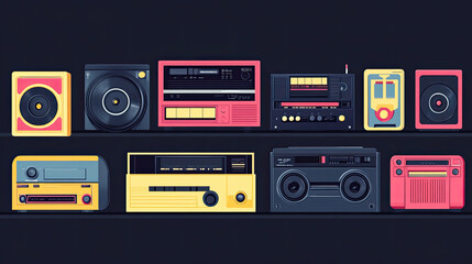 Fototapeta premium Radio, tape recorder, music products, cassette tapes, black background illustrations